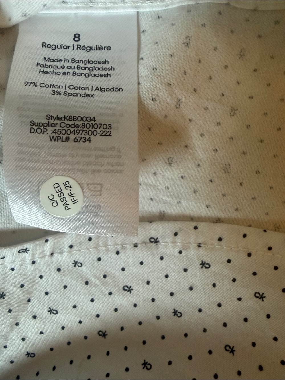 Calvin Klein White Dress Shirt with Black Microdot Pattern, Size US 8 - Picture 7 of 7